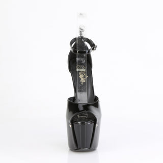 Front view of Pleaser Jubilant-15 black 7-inch stiletto platform sandal with clear ankle strap and metal screw detailing, shown on white background