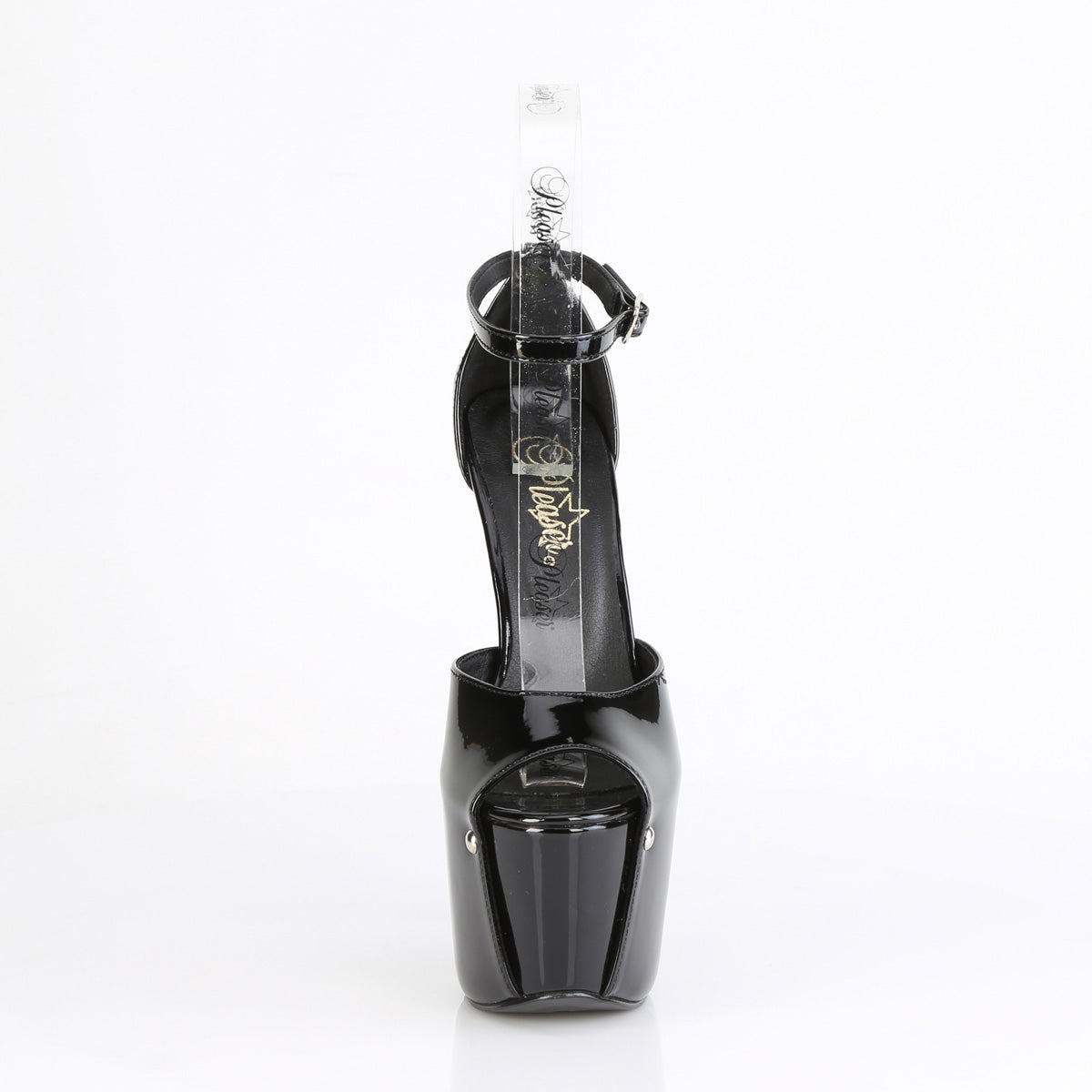 Front view of Pleaser Jubilant-15 black 7-inch stiletto platform sandal with clear ankle strap and metal screw detailing, shown on white background
