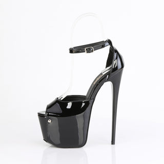 Side view of Pleaser Jubilant-15 black 7-inch stiletto platform sandal with clear ankle strap, glossy finish, and metal screw detail on white background