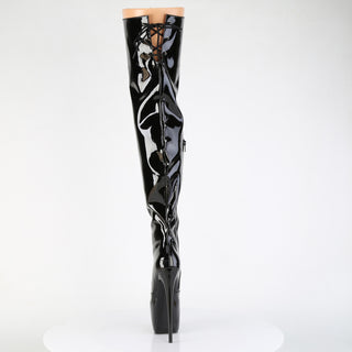 Pleaser Jubilant-3007 black patent thigh-high platform stiletto boot with lace-up back and glossy finish, displayed front-facing on a white background.