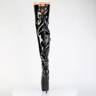 Pleaser Jubilant-3007 black patent thigh-high platform stiletto boot with lace-up back and glossy finish, displayed front-facing on a white background.