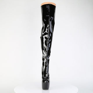 Pleaser Jubilant-3007 black patent thigh-high platform stiletto boot with lace-up back and side zipper, displayed on a white background.