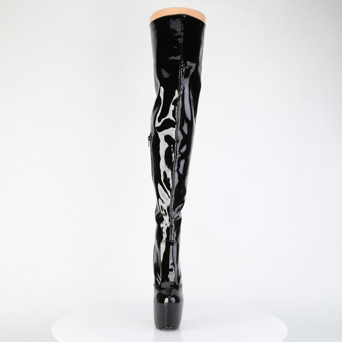 Pleaser Jubilant-3007 black patent thigh-high platform stiletto boot with lace-up back and side zipper, displayed on a white background.