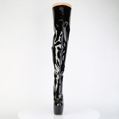 Pleaser Jubilant-3007 black patent thigh-high platform stiletto boot with lace-up back and side zipper, displayed on a white background.