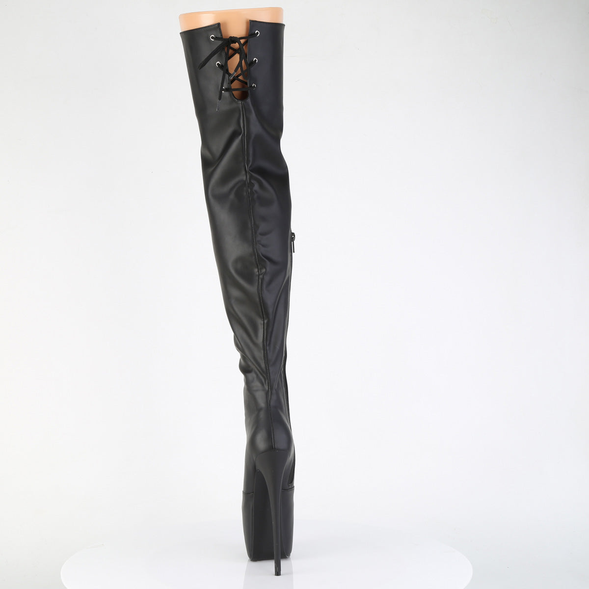 Pleaser Jubilant-3007 black matte stretch thigh-high boot with stiletto heel and back lace-up detail, rear view on white background.