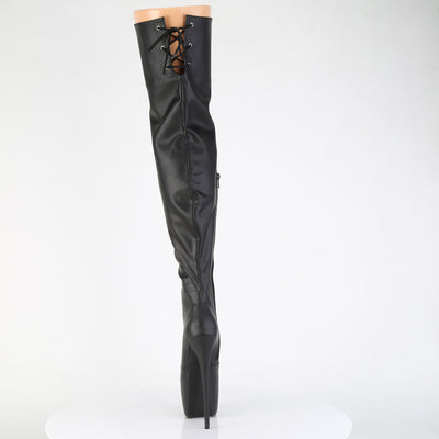 Pleaser Jubilant-3007 black matte stretch thigh-high boot with stiletto heel and back lace-up detail, rear view on white background.