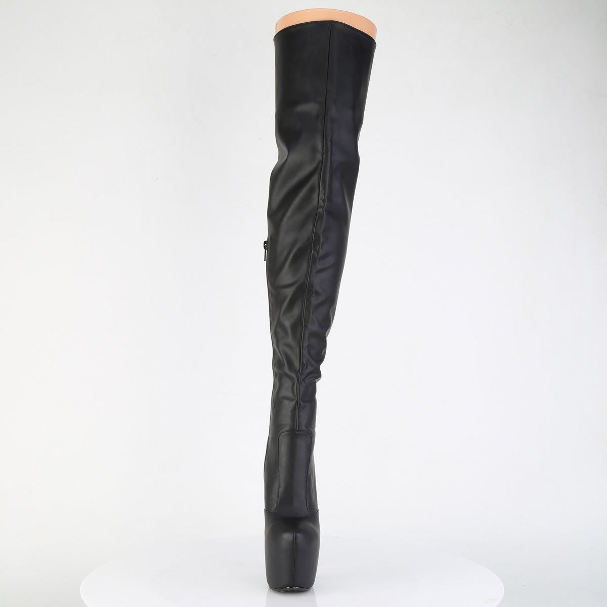 Pleaser Jubilant-3007 black matte stretch thigh-high boot with concealed platform and stiletto heel, front view on white background.