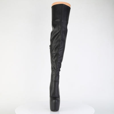 Pleaser Jubilant-3007 black matte stretch thigh-high boot with concealed platform and stiletto heel, front view on white background.