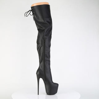 Pleaser Jubilant-3007 black stretch thigh-high boot with concealed platform, stiletto heel, and side zipper, inside view on white background.