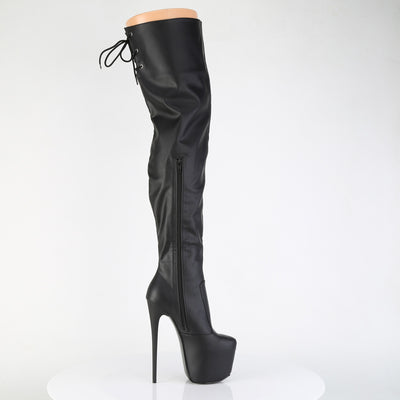 Pleaser Jubilant-3007 black stretch thigh-high boot with concealed platform, stiletto heel, and side zipper, inside view on white background.