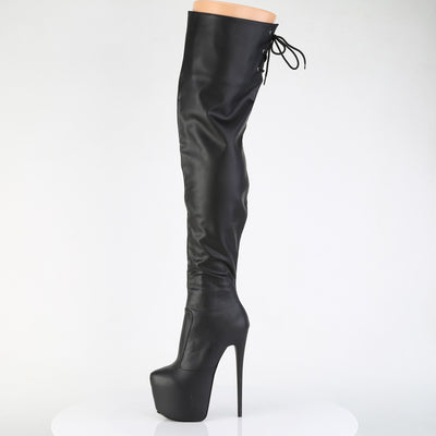 Pleaser Jubilant-3007 black matte stretch thigh-high boot with concealed platform and stiletto heel, side view on white background.