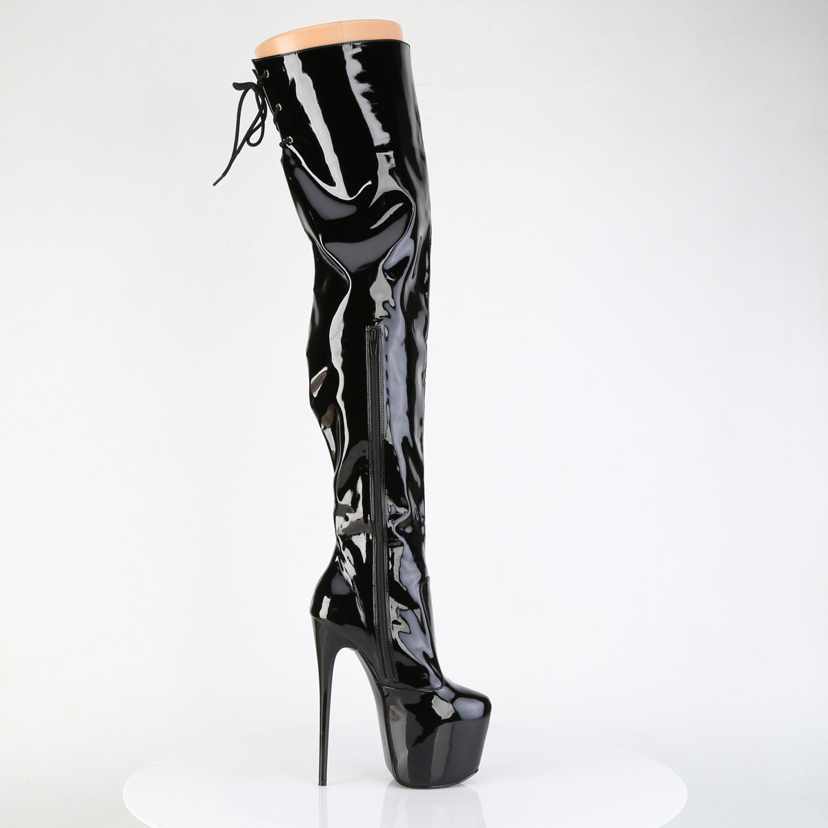 Pleaser Jubilant-3007 black patent thigh high platform stiletto boot with lace-up back and side zipper, displayed on a white background.