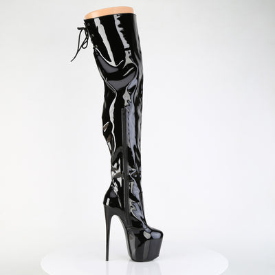 Pleaser Jubilant-3007 black patent thigh high platform stiletto boot with lace-up back and side zipper, displayed on a white background.