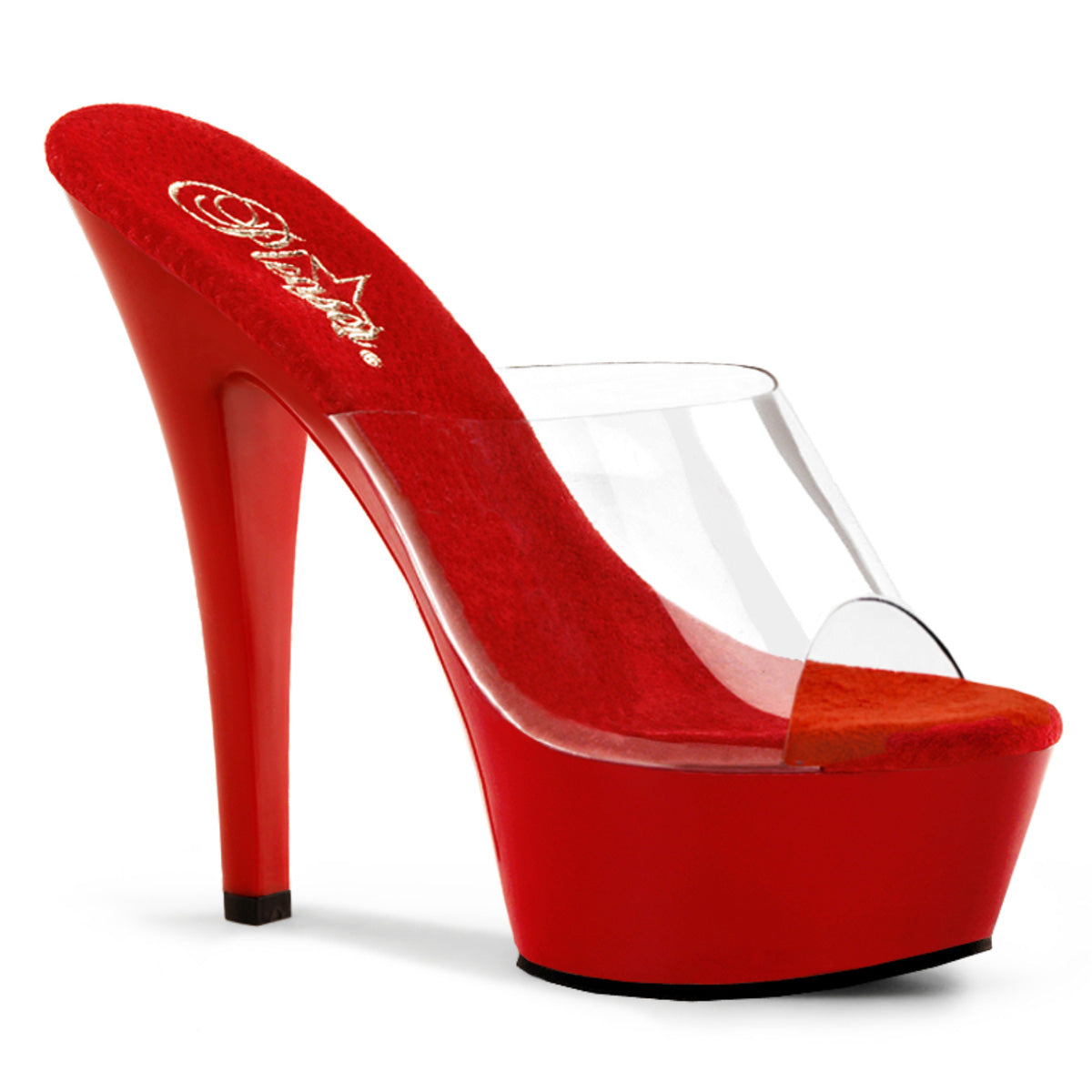 Red high-heeled Pleaser Kiss-201 platform mule with clear upper on a white background