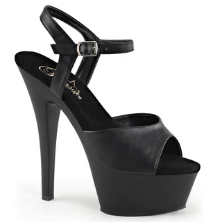 Pleaser Kiss-209 black matte platform sandals with ankle strap, peep toe, 6-inch stiletto heel and platform sole on white background.