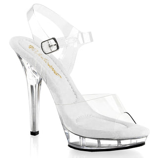 Clear platform stiletto sandal with ankle strap and black sole, Pleaser LIP-108