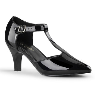 Pleaser Pink Label Divine-415 black patent T-strap heels with pointed toe