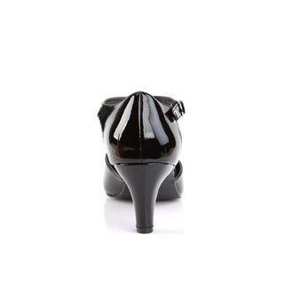 Black patent T-strap heels showing closed back and 3-inch heel