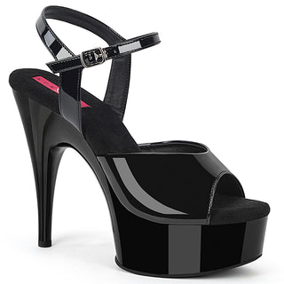 Pleaser Pink Label Revel-609 black patent platform heel with open toe and ankle strap
