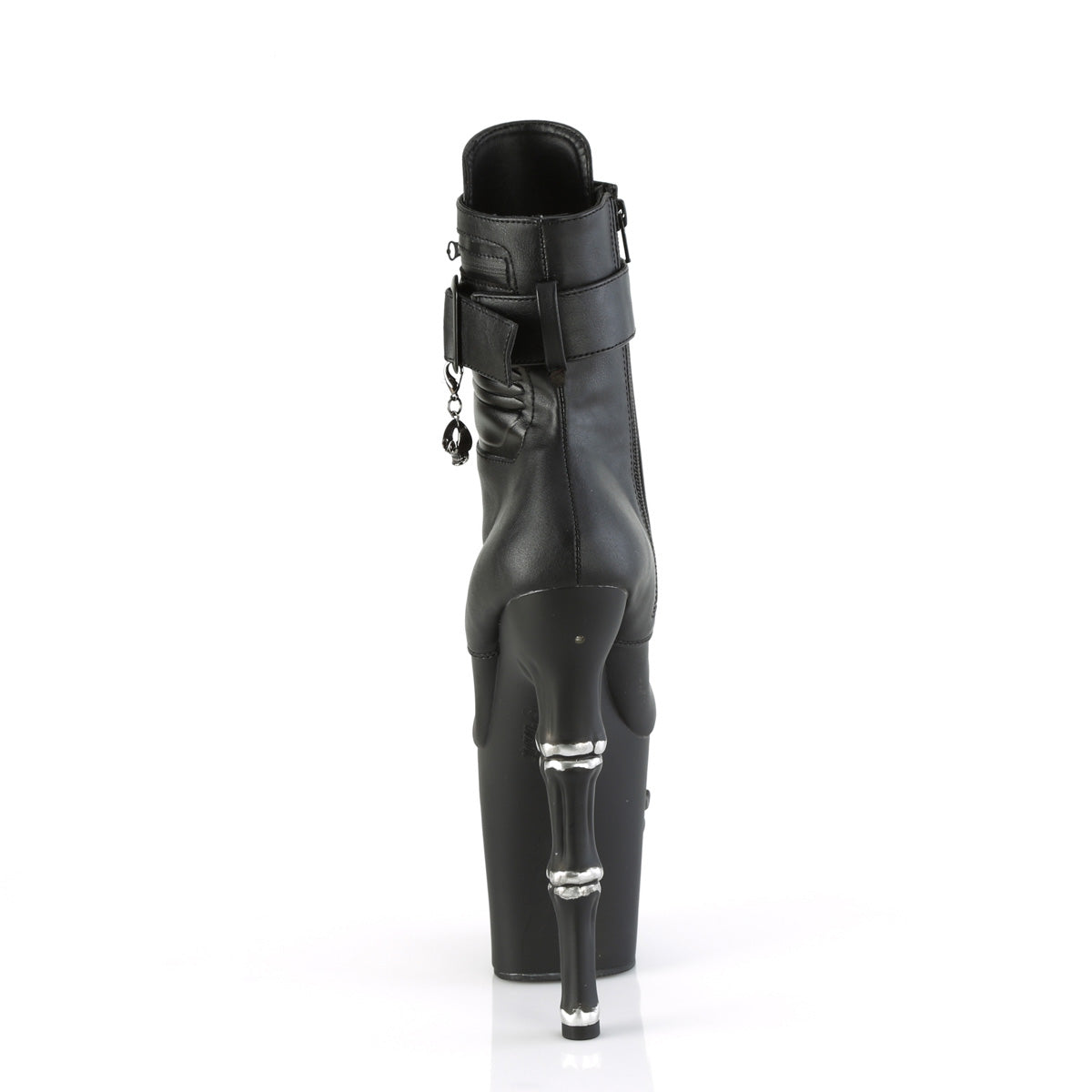 pleaser rapture-1020str-lt black back side view shows skull finger bone heels
