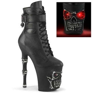 pleaser rapture-1020str-lt black pole boots with skull printed platform and red Led lights