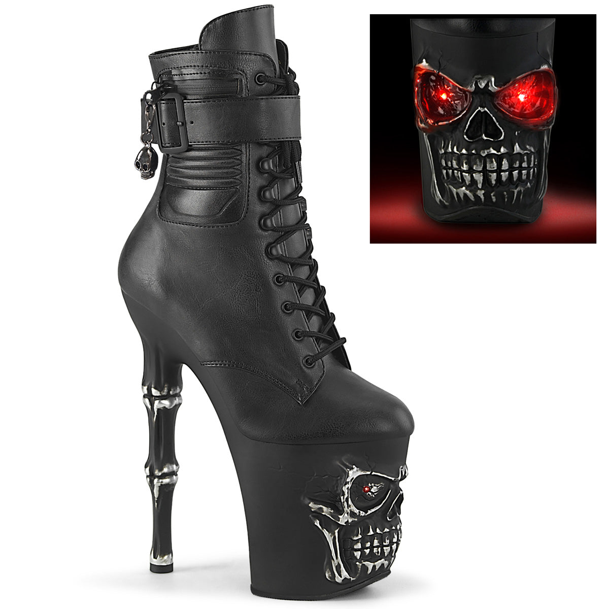 pleaser rapture-1020str-lt black pole boots with skull printed platform and red Led lights