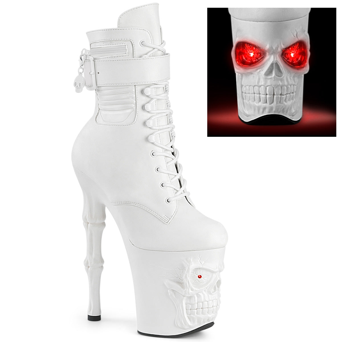 pleaser rapture-1020str-lt white skull printed platform boots