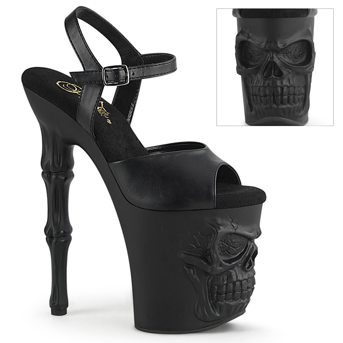 pleaser rapture-809 Matte black 8-inch platform pole sandal with skull‑sculpted base and bone‑style heel, featuring ankle strap, on a white background