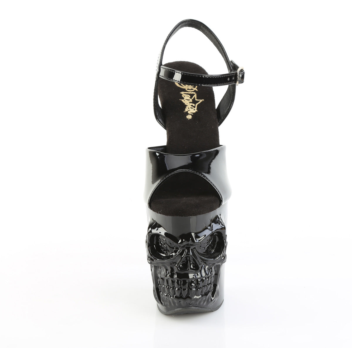 view of skulls head and eyes on pleaser rapture-809 black patent platform pole sandals
