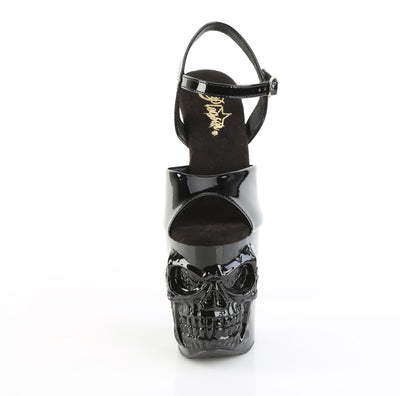 view of skulls head and eyes on pleaser rapture-809 black patent platform pole sandals