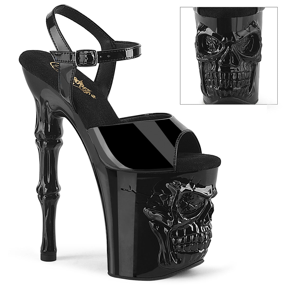 pleaser rapture-809 black patent skull sculpted platform sandals