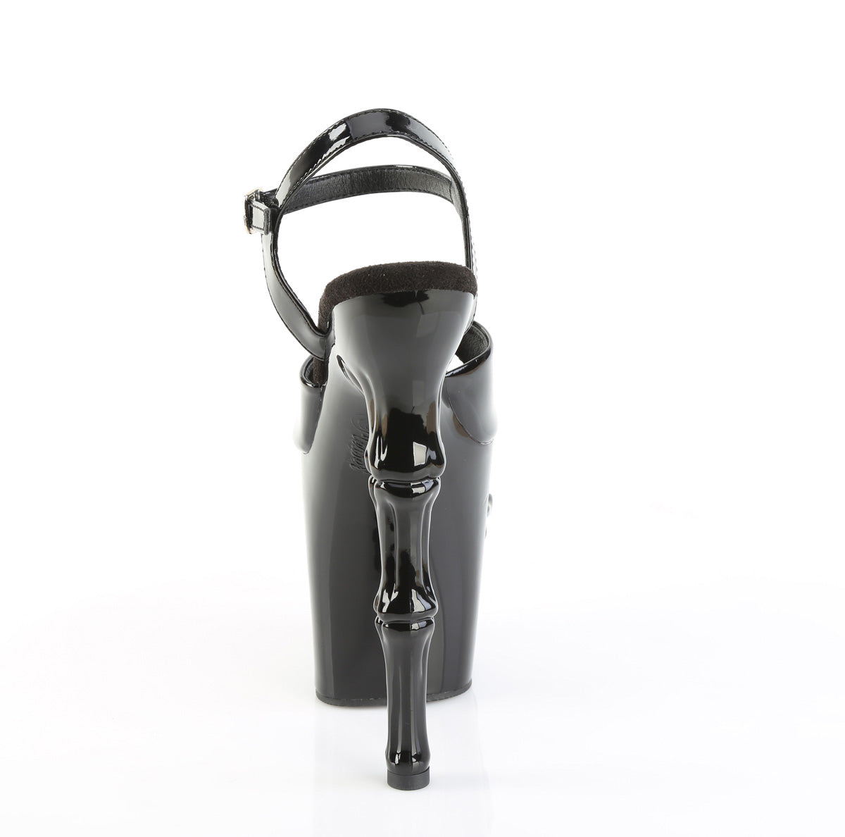 View of bone heels of pleaser rapture-809 black patent pole sandals