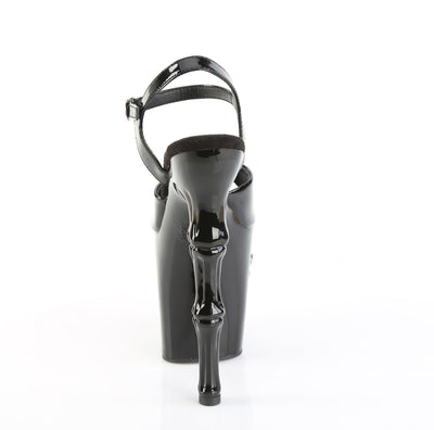 View of bone heels of pleaser rapture-809 black patent pole sandals