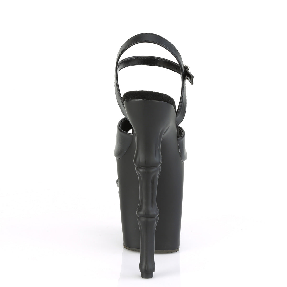 Rear view of Pleaser Rapture‑809 black PU pole sandal with bone‑style stiletto heel and skull‑sculpted platform, on a white background.
