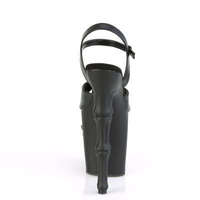 Rear view of Pleaser Rapture‑809 black PU pole sandal with bone‑style stiletto heel and skull‑sculpted platform, on a white background.