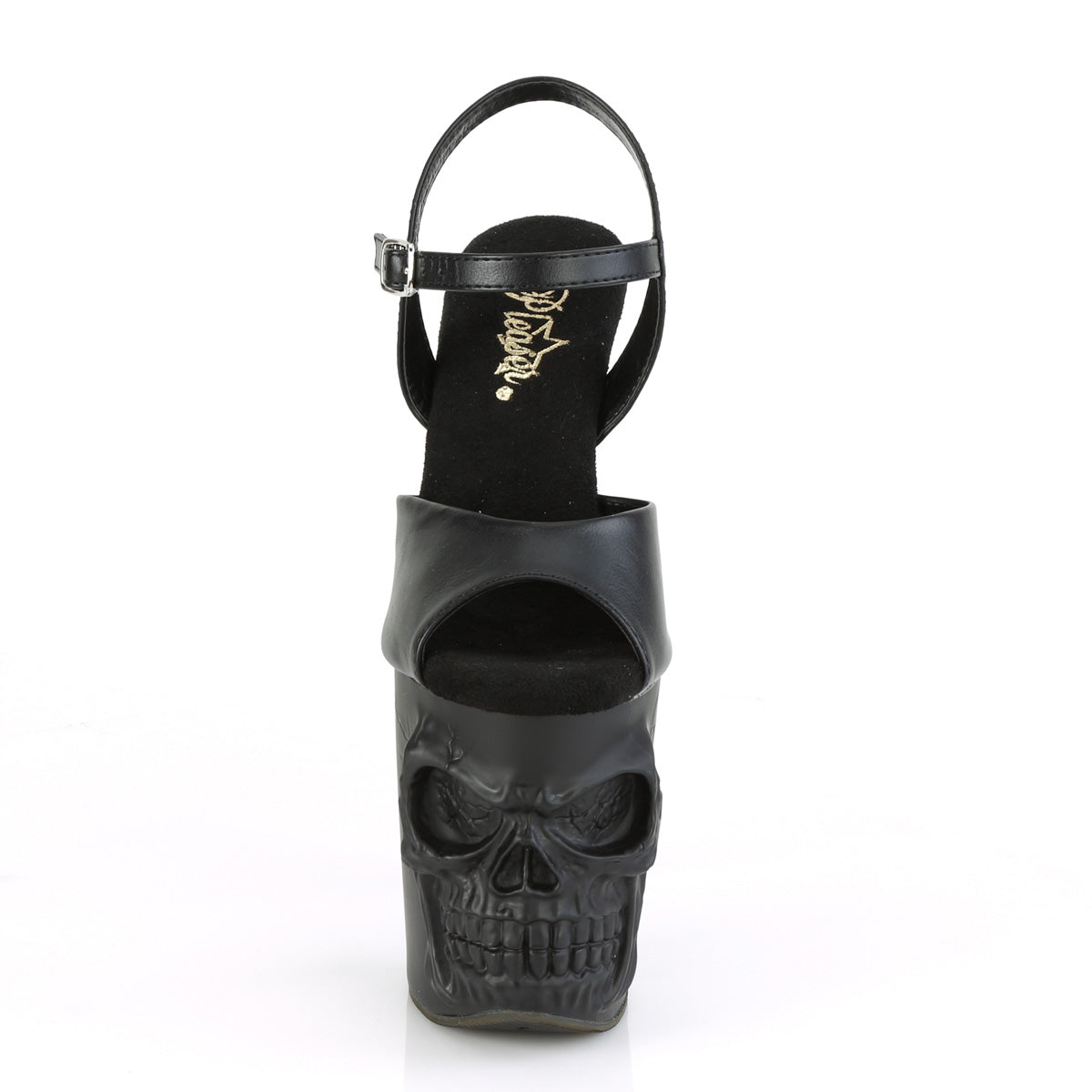 Front view of Pleaser Rapture‑809 black PU pole sandal with skull‑sculpted platform and ankle strap, on a white background.