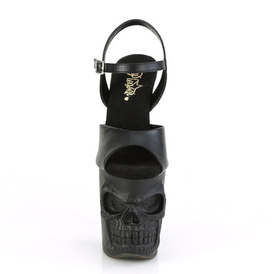 Front view of Pleaser Rapture‑809 black PU pole sandal with skull‑sculpted platform and ankle strap, on a white background.