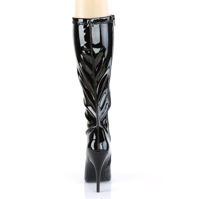 Back view of Pleaser Seduce-2000 black patent knee-high stiletto boot showing rear zipper and heel