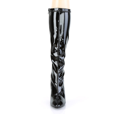 Front view of Pleaser Seduce-2000 black patent knee-high stiletto boot on mannequin leg