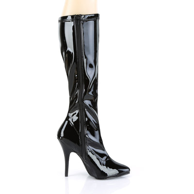 Side view of Pleaser Seduce-2000 black patent stiletto boot showing full inner side zipper