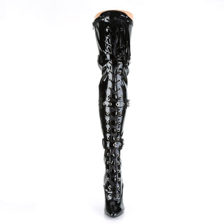 Front view of Pleaser Seduce-3028 black patent thigh-high boots with lace-up and buckle straps