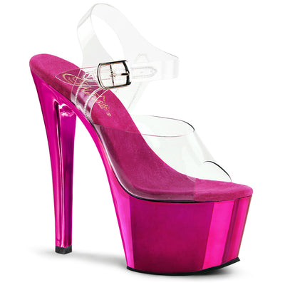 Clear strap high heel sandal with chrome hot pink platform and stiletto heel on white background