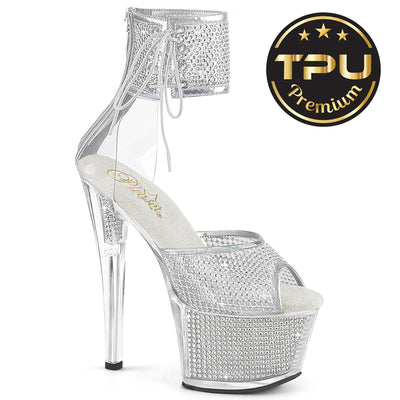 Silver rhinestone platform sandals with clear stiletto heel and lace-up ankle cuff
