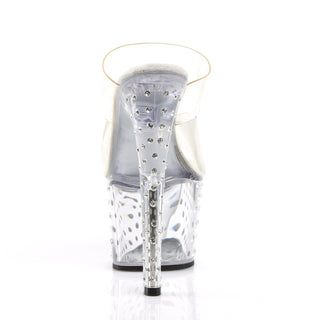 view of rhinestone heel and sole of pleaser stardust-702 clear
