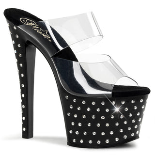 pleaser stardust-702 clear upper black platform with rhinestones