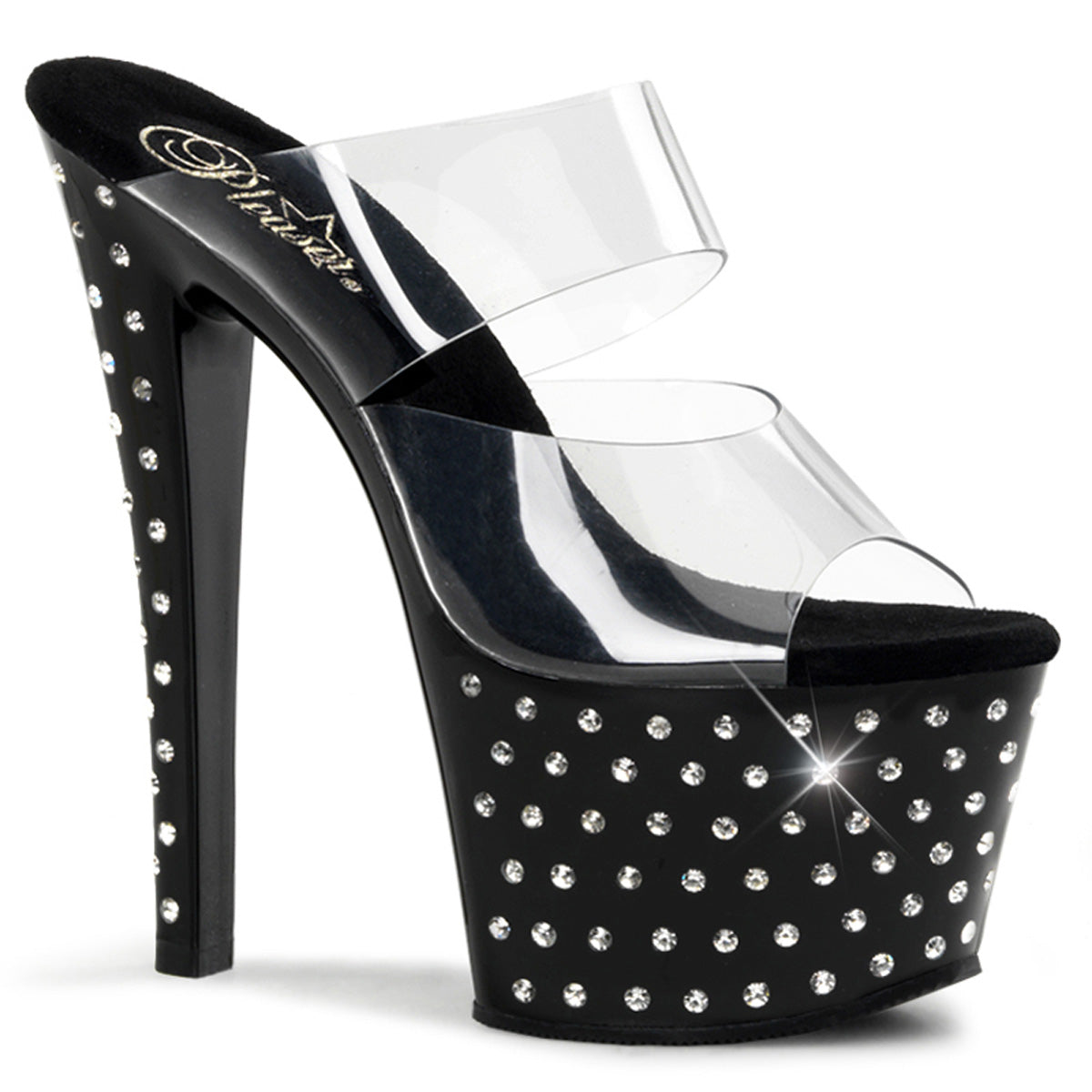 pleaser stardust-702 clear upper black platform with rhinestones