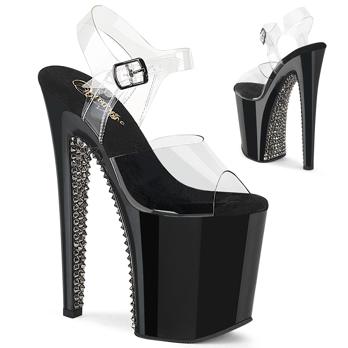 Pleaser XTREME-808SPRS black platform heels with clear strap and dark pewter rhinestone spike heel