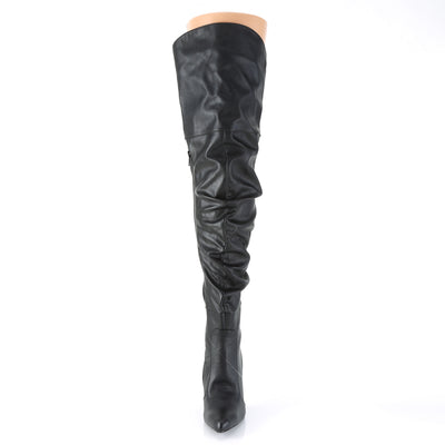 Front angle showing ruched shaft, pointed toe and slim heel on black thigh high boot