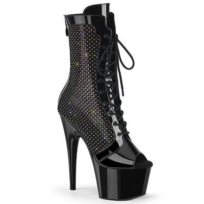 Pleaser Adore-1048RSNT black rhinestone mesh lace-up peep-toe platform ankle boot