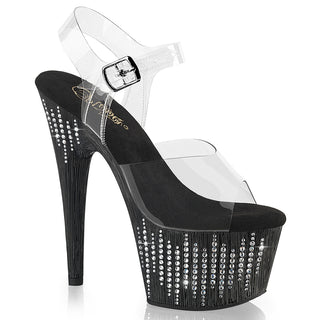 Clear-strap black platform heel with rhinestone waterfall detailing on the platform and a tall stiletto heel.